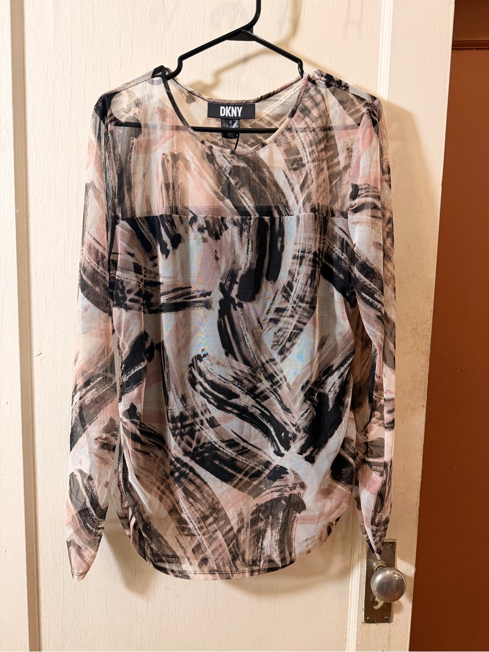 DKNY Black and Pink Brushstroke Long Sleeve Blouse